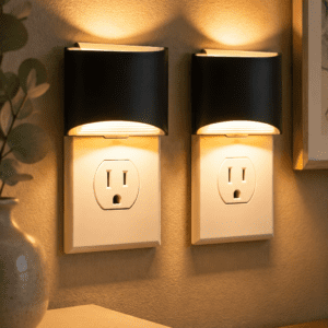Modern black plug-in LED night lights with warm white glow installed in wall outlets, perfect for hallways, bedrooms, bathrooms, and nurseries.