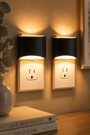 Modern black plug-in LED night lights with warm white glow installed in wall outlets, perfect for hallways, bedrooms, bathrooms, and nurseries.
