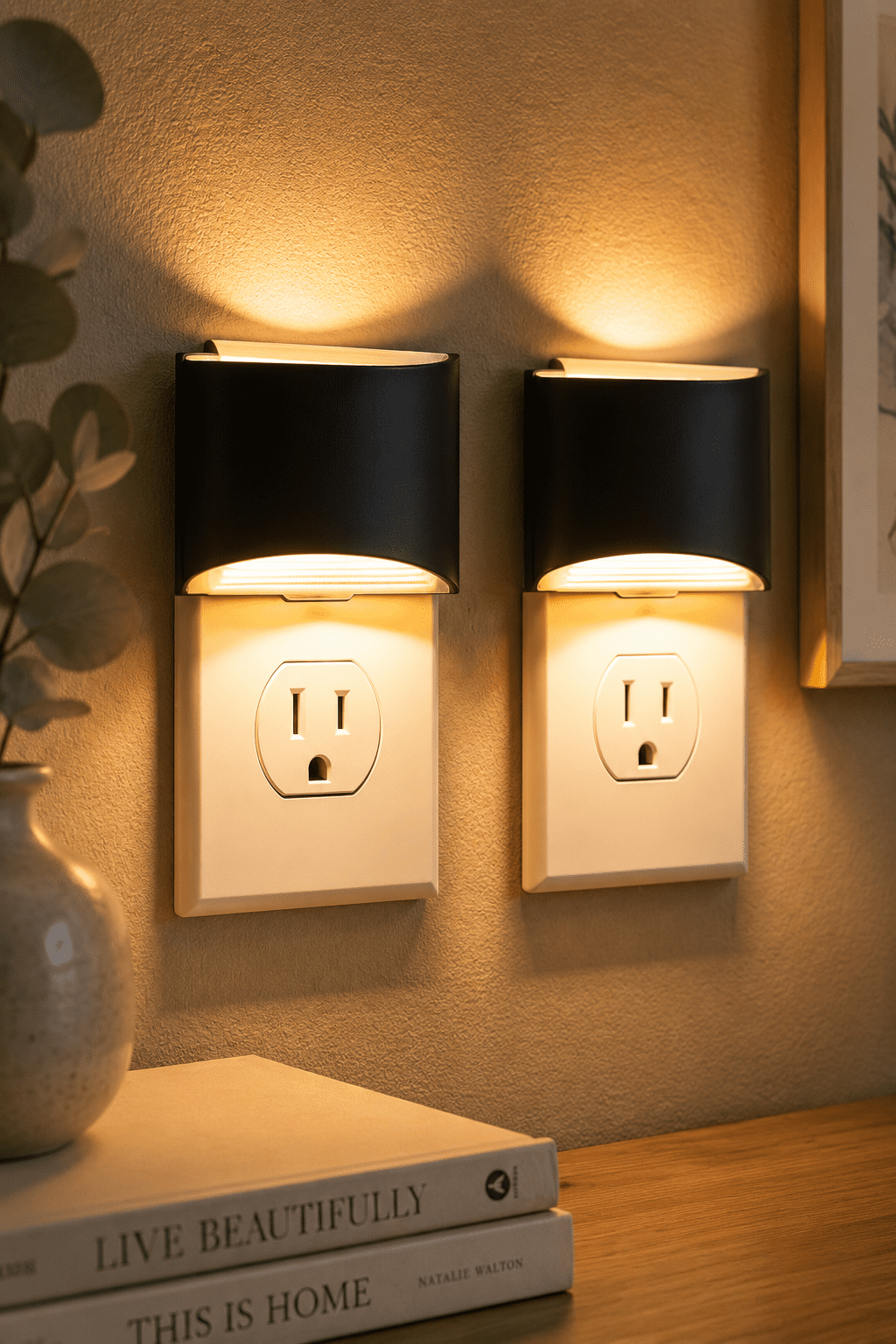 Modern black plug-in LED night lights with warm white glow installed in wall outlets, perfect for hallways, bedrooms, bathrooms, and nurseries.