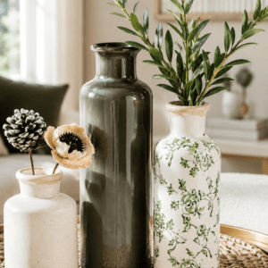 Set of three decorative ceramic vases in white, olive green, and floral pattern displayed on a woven tray with botanical stems in a cozy farmhouse living room.