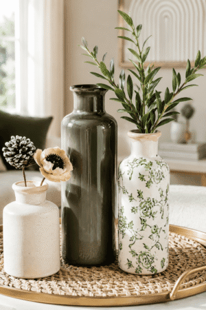 Set of three decorative ceramic vases in white, olive green, and floral pattern displayed on a woven tray with botanical stems in a cozy farmhouse living room.