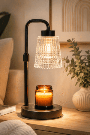 Modern black candle warmer lamp with a textured glass shade warming a scented candle on a wooden bedside table in a cozy living room.