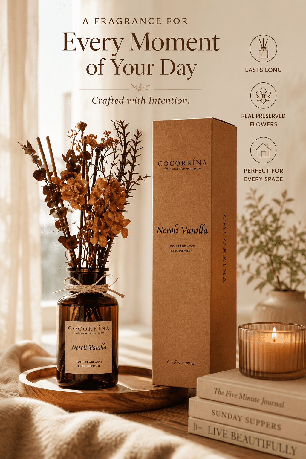 Luxury Neroli Vanilla reed diffuser with preserved flowers in an amber glass bottle, creating an elegant home fragrance display in a cozy living room.