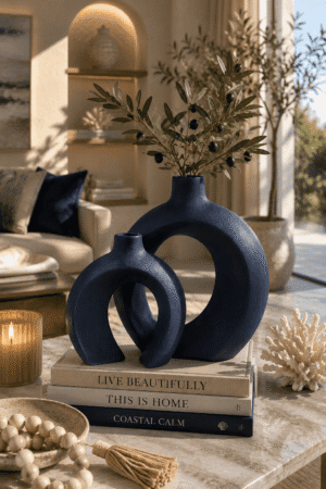 Modern navy blue ceramic vase set with olive branches displayed on decorative books in a stylish coastal living room.