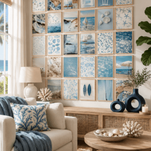 Blue coastal gallery wall art collection featuring beach prints, seashells, sailboats, and ocean-inspired artwork in a bright living room.