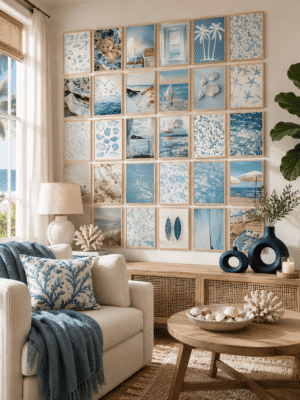 Blue coastal gallery wall art collection featuring beach prints, seashells, sailboats, and ocean-inspired artwork in a bright living room.