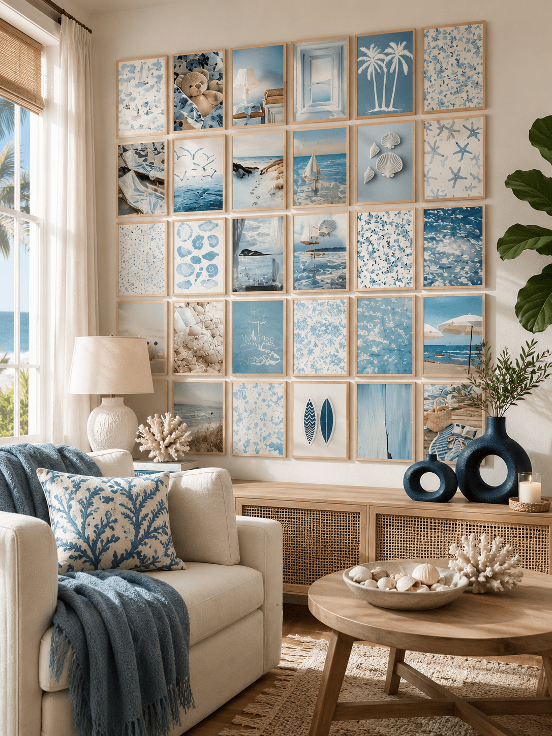 Blue coastal gallery wall art collection featuring beach prints, seashells, sailboats, and ocean-inspired artwork in a bright living room.