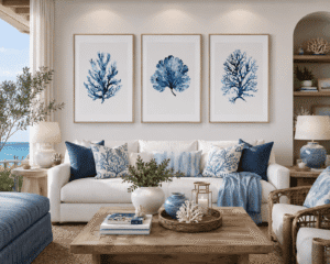 Framed blue coral botanical wall art above a white sofa in a modern coastal living room with ocean-inspired décor.
