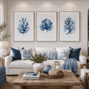 Framed blue coral botanical wall art above a white sofa in a modern coastal living room with ocean-inspired décor.