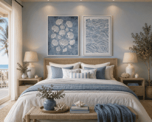 Framed coastal seashell and ocean wave artwork displayed above a bed in a relaxing beach-inspired bedroom.