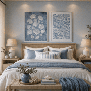 Framed coastal seashell and ocean wave artwork displayed above a bed in a relaxing beach-inspired bedroom.