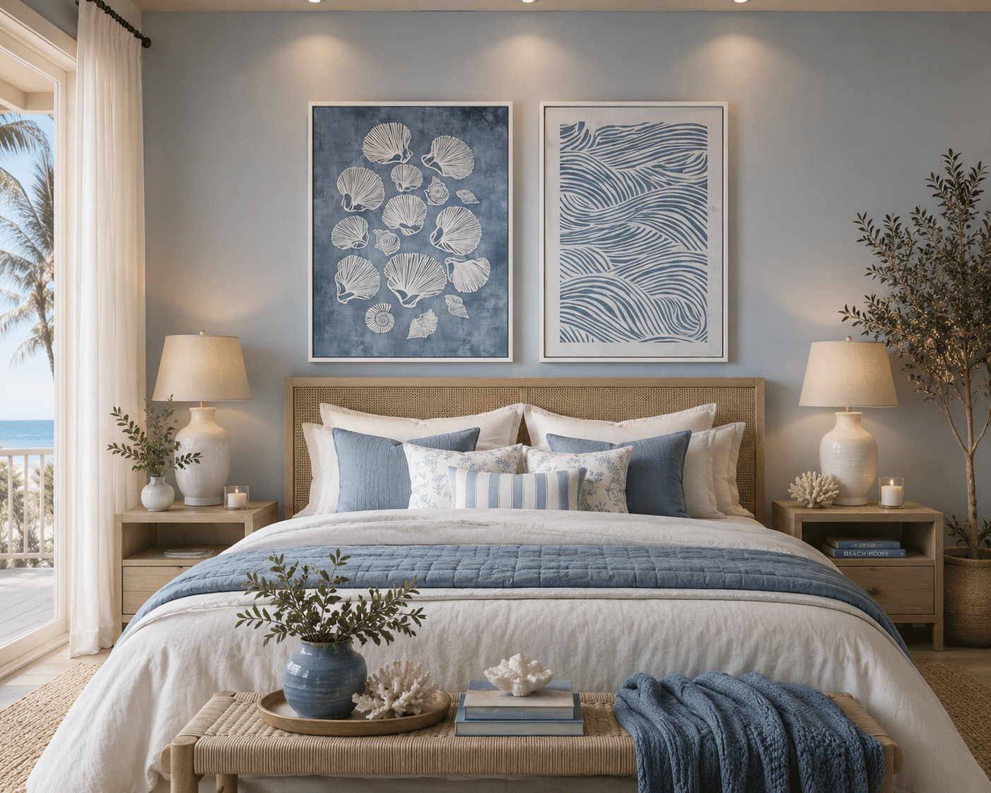 Framed coastal seashell and ocean wave artwork displayed above a bed in a relaxing beach-inspired bedroom.