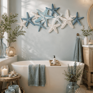 Blue and white starfish wall décor displayed above a freestanding bathtub in a bright coastal bathroom with beach-inspired accents.