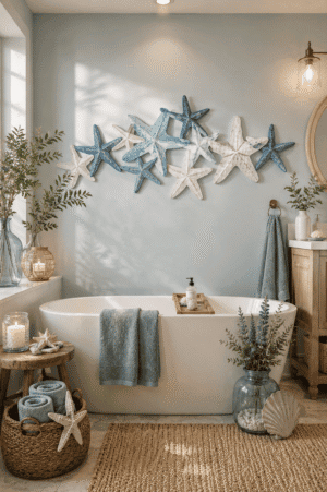 Blue and white starfish wall décor displayed above a freestanding bathtub in a bright coastal bathroom with beach-inspired accents.