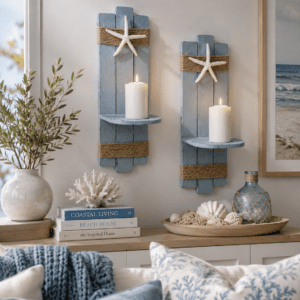 Blue wooden coastal wall candle sconce set with white starfish accents and pillar candles, adding beach house charm to a cozy coastal living room.