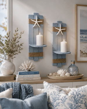 Blue wooden coastal wall candle sconce set with white starfish accents and pillar candles, adding beach house charm to a cozy coastal living room.