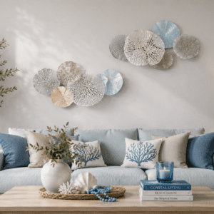 Coastal metal wall art set featuring layered coral-inspired discs in soft blue, white, and beige tones displayed above a modern coastal sofa.
