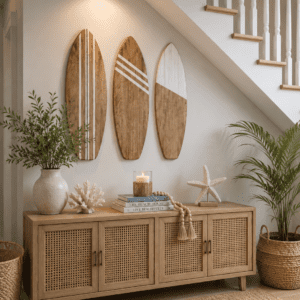 Wooden coastal surfboard wall art set with natural wood and white details displayed above a console table in a beach-inspired home.