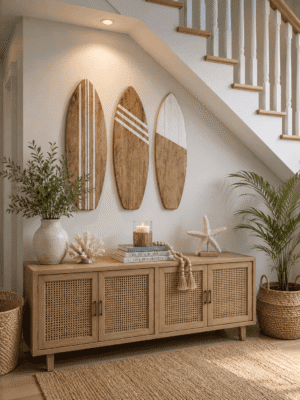 Wooden coastal surfboard wall art set with natural wood and white details displayed above a console table in a beach-inspired home.