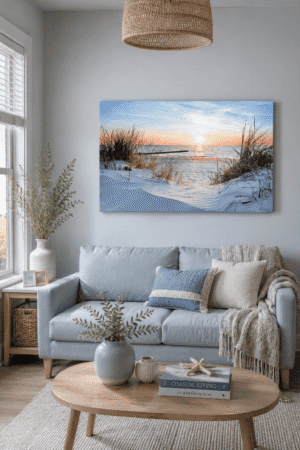 Coastal beach sunset canvas wall art featuring ocean waves, sandy dunes, and a peaceful sunset displayed above a modern living room sofa.