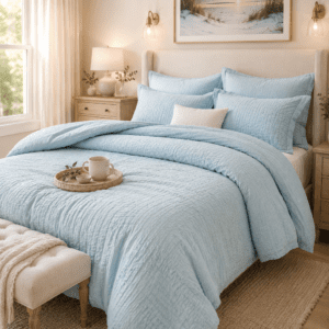 Soft light blue coastal quilt bedding set with matching pillow shams styled in a bright beach-inspired bedroom with neutral décor.