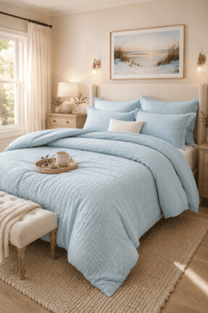 Soft light blue coastal quilt bedding set with matching pillow shams styled in a bright beach-inspired bedroom with neutral décor.