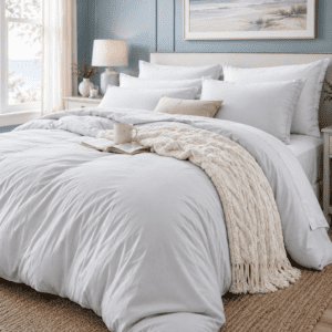 Soft white coastal comforter bedding set with matching pillow shams styled in a bright modern bedroom with beach-inspired décor.