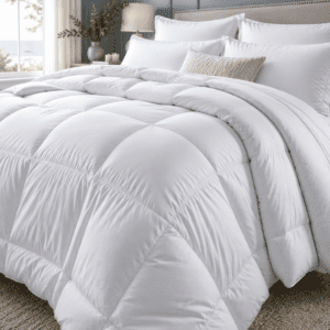 Luxury white down alternative comforter with fluffy quilted design styled in a bright coastal bedroom for all-season comfort.