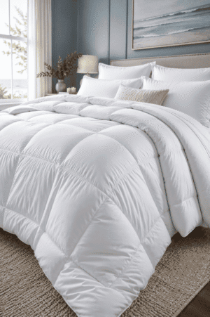 Luxury white down alternative comforter with fluffy quilted design styled in a bright coastal bedroom for all-season comfort.