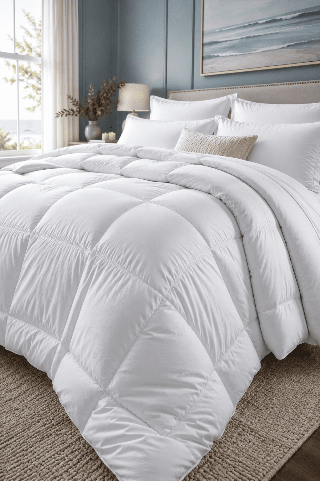 Luxury white down alternative comforter with fluffy quilted design styled in a bright coastal bedroom for all-season comfort.