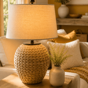 Natural woven rattan table lamp with a beige linen shade styled on a wooden side table in a cozy coastal living room.