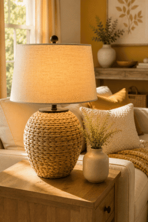 Natural woven rattan table lamp with a beige linen shade styled on a wooden side table in a cozy coastal living room.