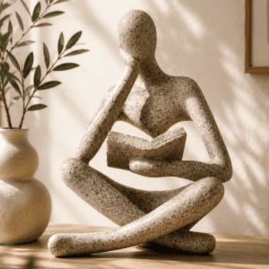 Modern abstract reading thinker sculpture in a stone finish displayed on a wooden console table with minimalist home décor.