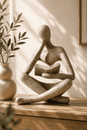 Modern abstract reading thinker sculpture in a stone finish displayed on a wooden console table with minimalist home décor.
