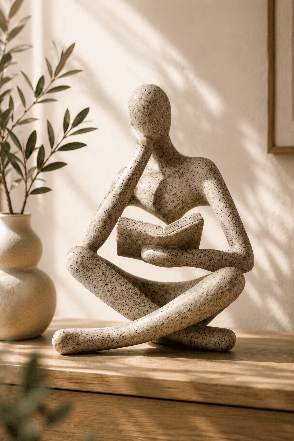 Modern abstract reading thinker sculpture in a stone finish displayed on a wooden console table with minimalist home décor.