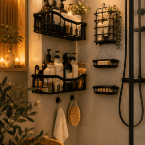 Modern black wall-mounted bathroom shower caddy organizer set holding shampoo bottles, soap, and toiletries in a luxury spa-inspired shower.