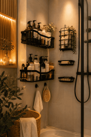Modern black wall-mounted bathroom shower caddy organizer set holding shampoo bottles, soap, and toiletries in a luxury spa-inspired shower.