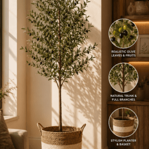 Tall artificial olive tree with realistic olive leaves and black olives in a woven basket planter, perfect for modern living room and farmhouse home decor.