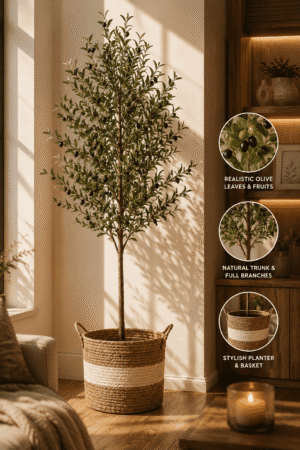 Tall artificial olive tree with realistic olive leaves and black olives in a woven basket planter, perfect for modern living room and farmhouse home decor.