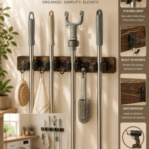 Wall mounted mop and broom holder organizer with strong grip slots and utility hooks for storing mops, brooms, towels, and cleaning tools in a laundry room.