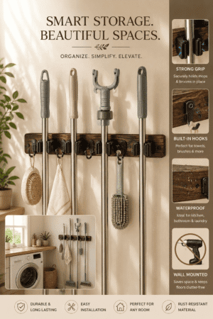 Wall mounted mop and broom holder organizer with strong grip slots and utility hooks for storing mops, brooms, towels, and cleaning tools in a laundry room.