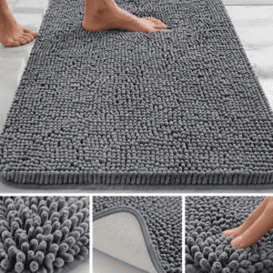 Ultra soft gray chenille bathroom rug with thick microfiber fibers, non-slip backing, highly absorbent surface, and plush comfort for bathroom floors.