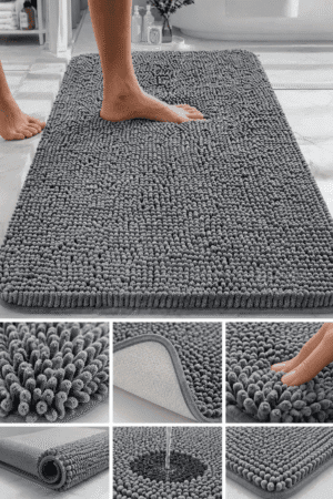 Ultra soft gray chenille bathroom rug with thick microfiber fibers, non-slip backing, highly absorbent surface, and plush comfort for bathroom floors.