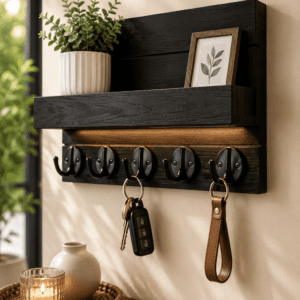 Black wooden wall mounted key holder with floating shelf and metal hooks for keys, wallets, plants, and entryway organization.
