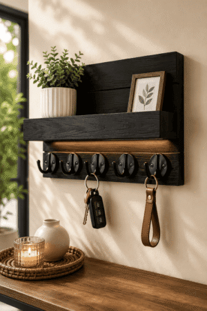 Black wooden wall mounted key holder with floating shelf and metal hooks for keys, wallets, plants, and entryway organization.