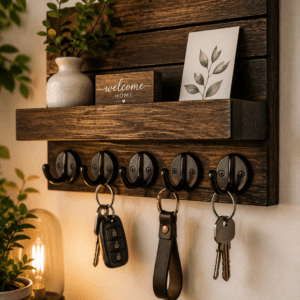Rustic wooden wall mounted key holder with floating shelf, black metal hooks, decorative plant, and key storage for an organized entryway.