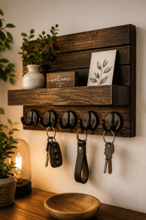 Rustic wooden wall mounted key holder with floating shelf, black metal hooks, decorative plant, and key storage for an organized entryway.
