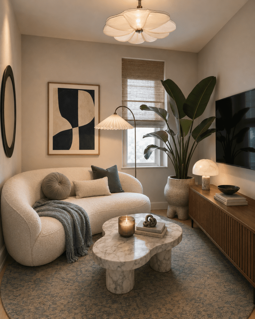Small living room ideas featuring a curved cream sofa, marble coffee table, warm lighting, and large indoor plant