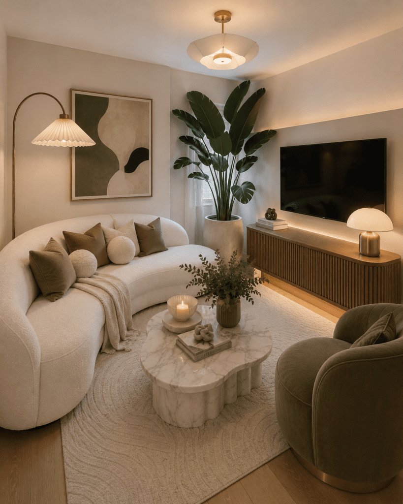 Small living room ideas with a curved sofa, marble table, accent chair, and cozy layered lighting