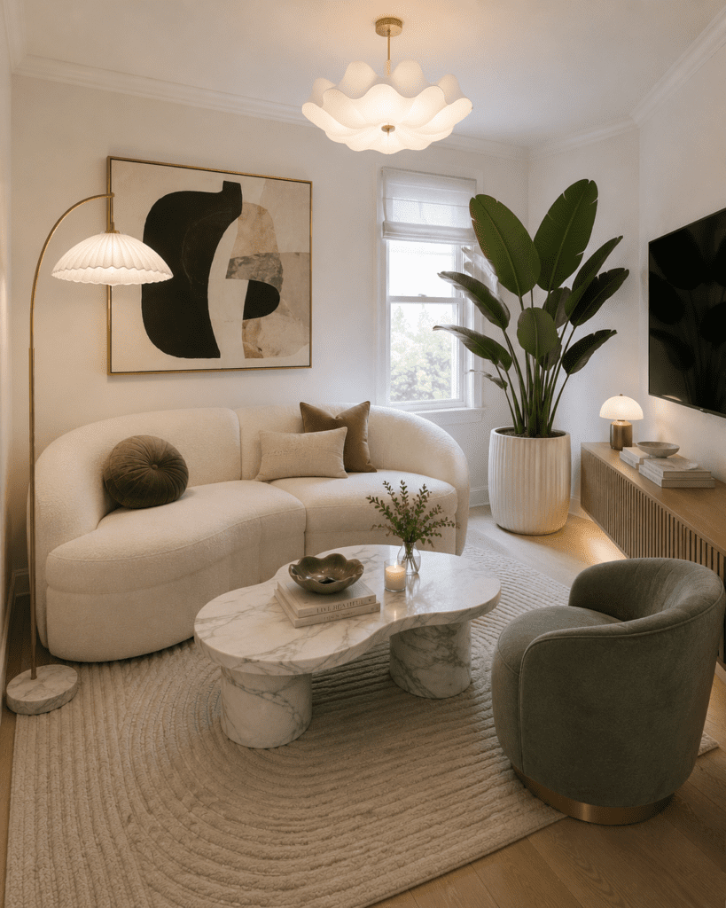 Small living room ideas using neutral colors, modern artwork, curved sofa, and soft organic decor